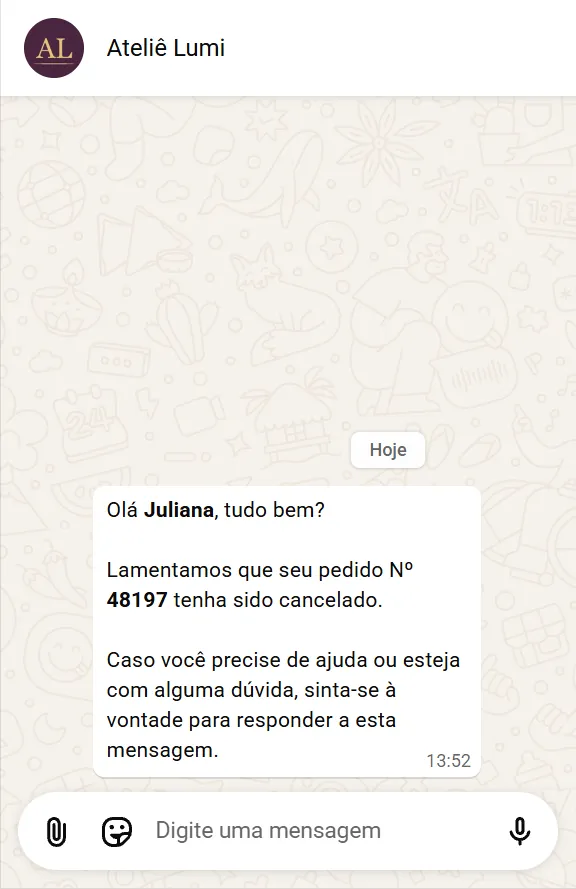 Mensagem no WhatsApp informando que o pedido 48197 foi cancelado e oferecendo ajuda