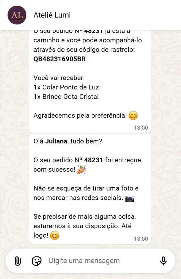 Mensagem no WhatsApp confirmando a entrega do pedido 48231