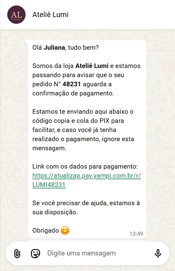 Mensagem no WhatsApp avisando que o pedido 48231 aguarda pagamento, com o link do Pix